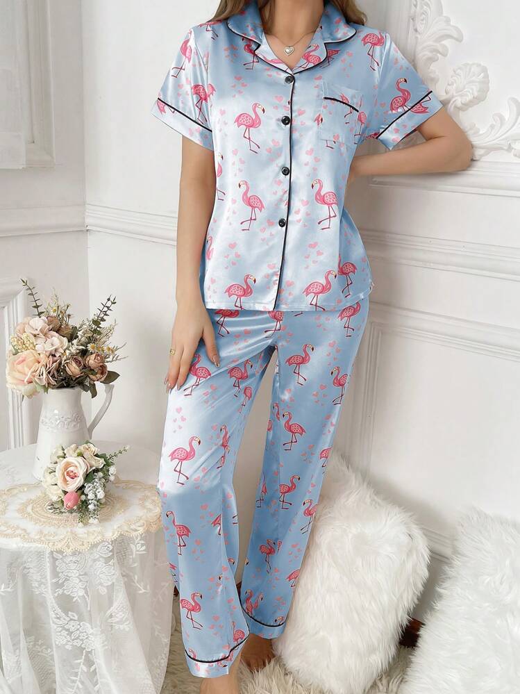 Conjunto de pijama con estampado de corazón de flamenco y seda simulada con cuello de solapa - Celeste - Añade 6