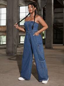 SHEIN EZwear Bộ áo liền quần denim cỡ lớn màu xanh lam, dáng rộng vừa vặn tổng thể - Màu xanh lam - Xem 6