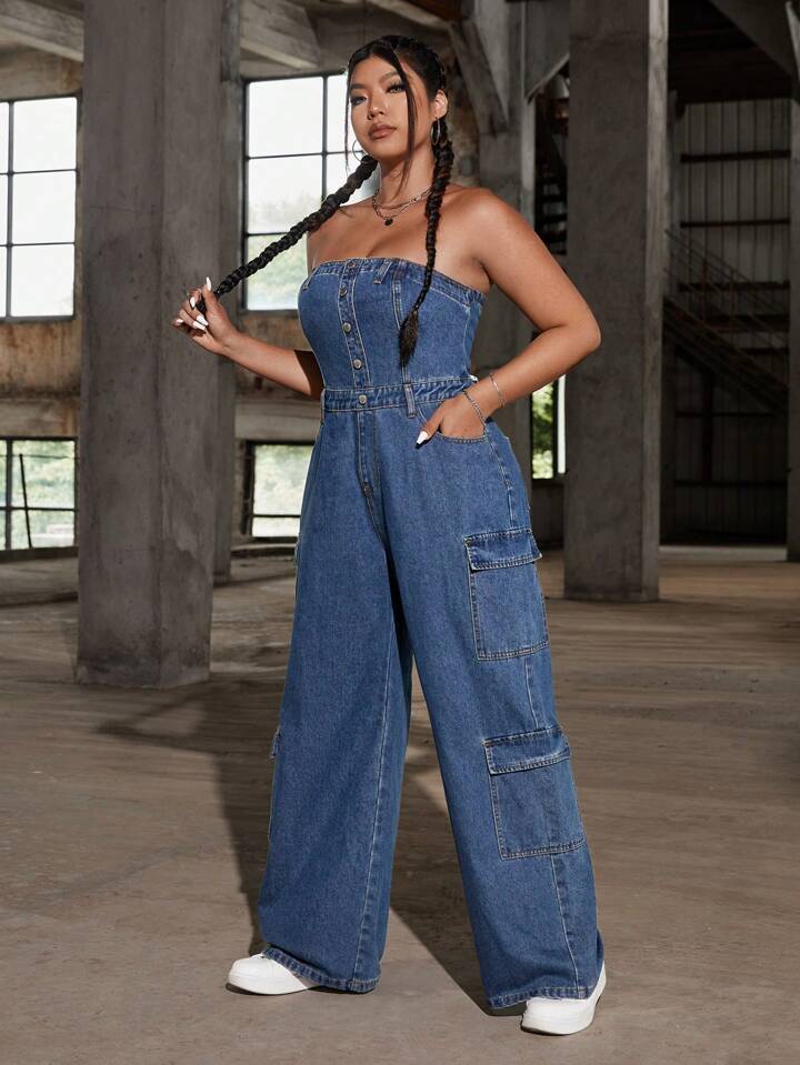 SHEIN EZwear プラスサイズ ブルー デニムジャンプスーツ