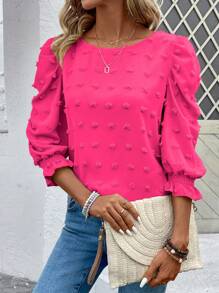 EMERY ROSE Camisa casual de vacaciones para mujer de unicolor con mangas abullonadas, parte superior de manga tres cuartos