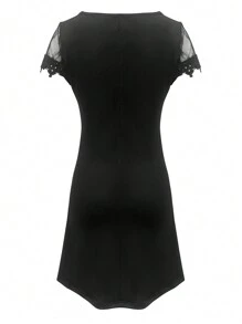 SHEIN LUNE Robe estivale extensible pour dames, encolure carrée ondulée, manches courtes avec empiècement en dentelle ajourée