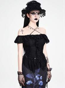 ROMWE Goth Áo ba lỗ cổ ren gợi cảm theo phong cách cung điện tuyệt đẹp dành cho nữ, đường viền bất đối xứng với đường viền xếp nếp nhiều lớp để tạo hiệu ứng thon gọn, thiết kế đường viền cổ áo chéo chéo phong cách cổ điển - màu đen - Xem 3