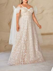 SHEIN Belle Plus Size Elegant Wedding Dress With Embroidery, Beading, Bowknot And Sequins Embellishment - White - View 6