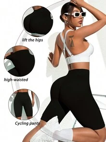 Easithlete Shorts de sport stretch sans couture et à taille haute pour femme avec contrôle du ventre - Noir - Voir 2