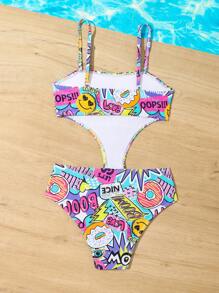 Tween Girl One Piece Printed Swimsuit, Random Summer Holiday - Multicolor - View 2