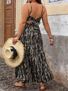 Breezaya 加大码 V 领印花系带长裙超长女装