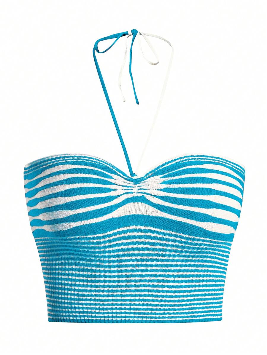SHEIN Unity Top sin manga tejido a rayas con cuello halter, verano - Azul - Ver 1