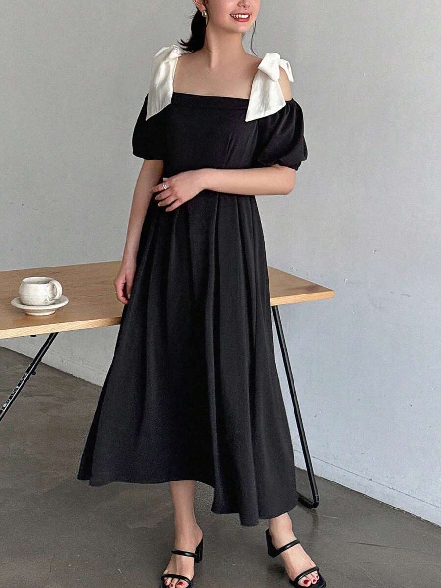 FRIFUL 女式拼色露肩褶饰日常夏装吊带背心裙 - 黑色 - 查看 1