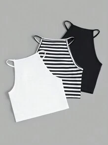SHEIN Teen Girl Knitted Black And White Stripe Solid Color Casual Top 3pcs Set