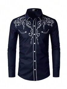 Men's Western Cowboy Embroidered Long Sleeve Commute Shirt - Navy Blue - View 3