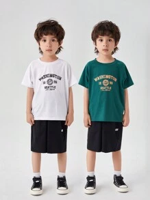 SHEIN 2 piezas Joven chico de moda camiseta deportiva con impresión de letras y bloques de colores, adecuado para deportes y uso diario - Multicolor - Ver 3