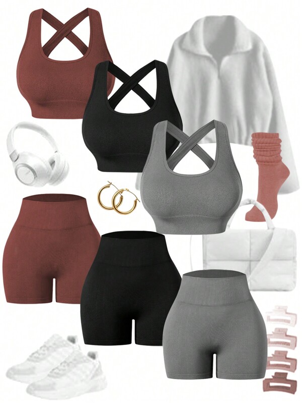 Easify SHEIN Sport Women's & Thread Workout Set Airport Outfit Set Workout Women Set Women Workout Set Gym Women Outfit