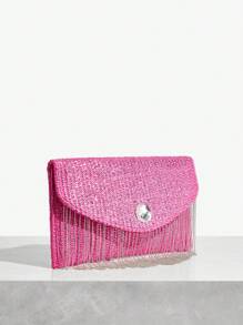 SHEIN SXY 女式時尚金屬塗層草編鍊條流蘇手拿包，完美適用於夏季和度假 - 玫紅色 - 查看 3