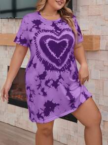 Plus Size Tie Dye Váy ngủ ngắn tay thường ngày, mùa hè - Màu tím - Xem 3