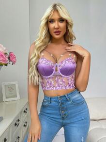 Esselle Romantic Embroidered Demi Cup Women's Bra, Lingerie UnderwearOuter - Purple - View 5