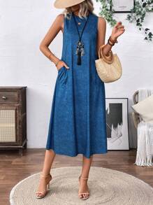 SHEIN LUNE 藍色無袖圓領簡約寬鬆連衣裙 - 藍色 - 查看 4