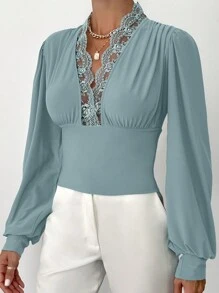 EURMUSE Guipure Lace Insert Lantern Sleeve Blouse - Green - View 5