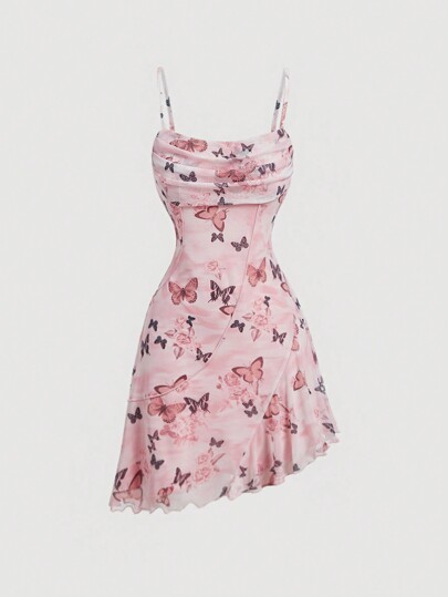 SHEIN MOD Vestido de tiras de verano asimétrico con estampado de mariposa vintage romántico en color rosa, vestido corto de verano vestido ajustado, vestido para graduación, vestido con mariposas, vestido floral
