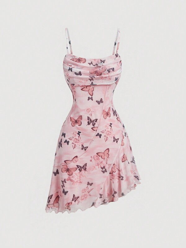 SHEIN MOD Pink Romantic Vintage Butterfly Printed Asymmetrical Hem Summer Cami Dress Short Summer Dress Bodycon Dress Dresses Graduation Butterfly Dress Floral Dress,Pastel Dresses For Women
