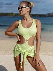 SHEIN Swim 女士夏季海灘幾何印花露肩連身泳衣連遮陽裙 - 綠色 - 查看 2