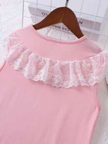 Summer Sweet Contrast Lace Sleepwear Dress With Ruffle Hem For Tween Girls - Pink - View 5