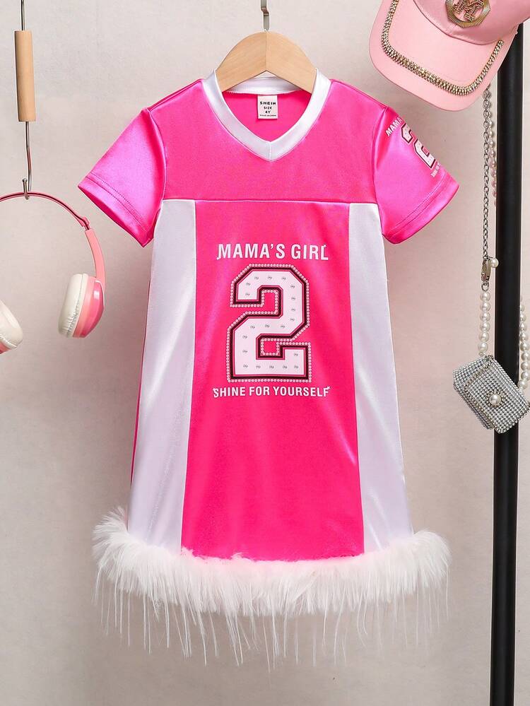 Girls' White V-Neck Pink & White Striped Hemline Knit A-Line Dress, Summer