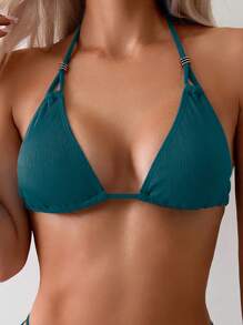 SHEIN Swim 女士夏季海灘純色頸項式性感比基尼套裝 - 綠色 - 查看 5