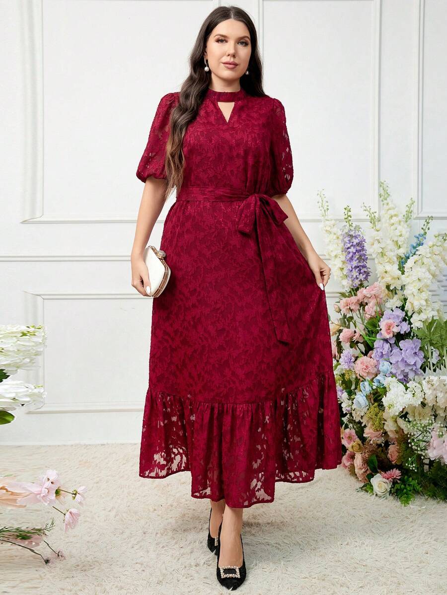 Modelyn Burgundy Red Plus Size Elegant Cutout Flower Puff Sleeve Dress - Burgundy - View 1