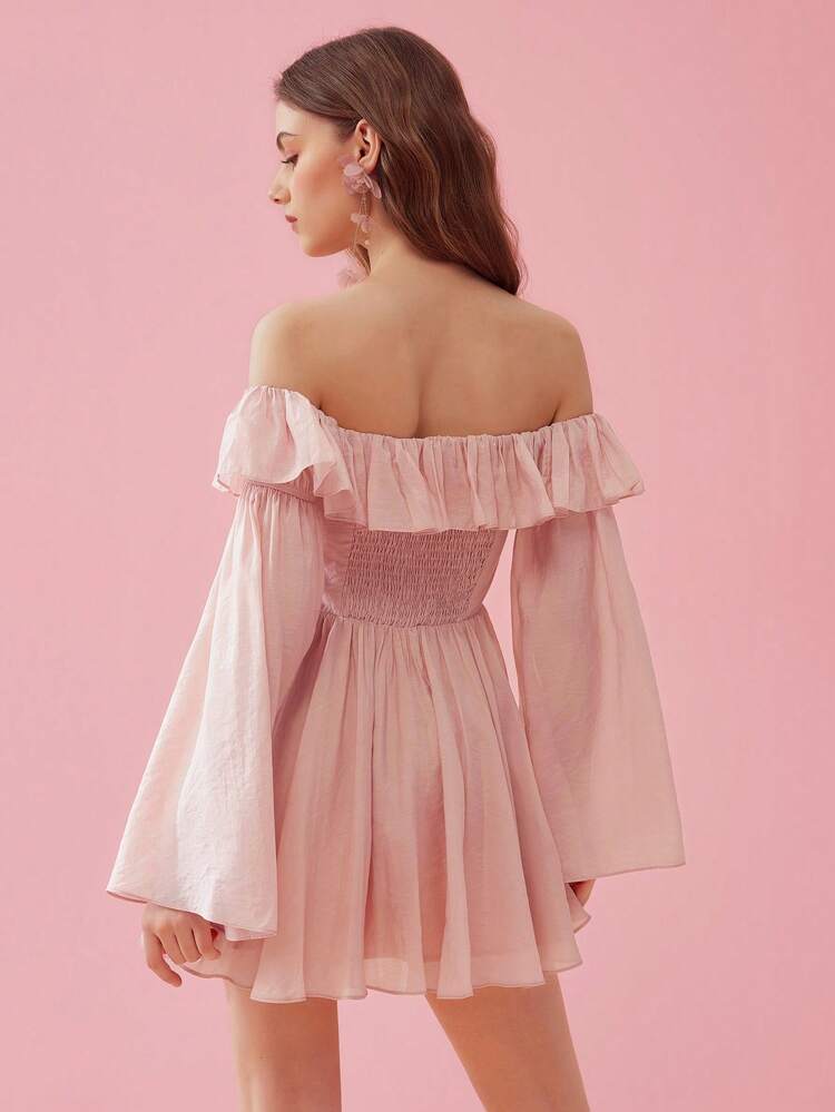 Romantic Summer Holiday Solid Color Off-Shoulder High-Waist Pleated Umbrella Hem Flare Sleeve Summer Dress