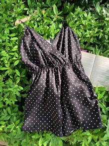 SHEIN EZwear 夏季波點印花細肩帶休閒女式連身褲 - 黑與白 - 查看 3