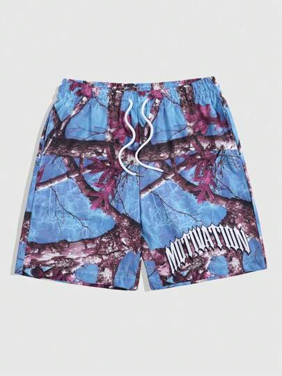 Street Life Men's Drawstring Waistband Letter & Tree Branch Printed Casual Shorts