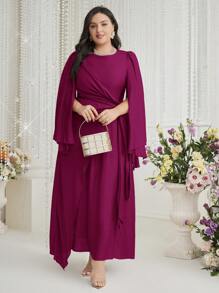 Modelyn Plus Size Women's Summer Solid Color Round Neck Split Casual Long Elegant Dress Long Evening Dresses - Hot Pink - View 7