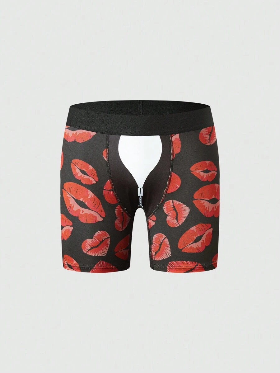Funny Cute Men's Knitted Fabric Trunks With Multicolor Kiss Lip Print And Tape Details - Multicolor - View 1