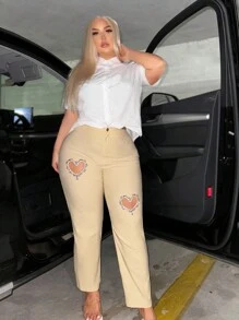 SHEIN SXY Plus Size Heart Hollow Out Rhinestone Decoration Skinny Pencil Pants - Apricot - View 5