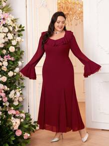 Modelyn Burgundy Red Plus Size Women's Solid Color Splice Ruffle Trim Flare Sleeve Long Elegant Arabic Clothing Long Evening Dresses - Burgundy - View 3