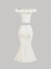 SHEIN MOD 女士露肩荷葉邊提花T恤，拼接雪紡鱗魚尾裙2件套裝 - 杏色 - 查看 2