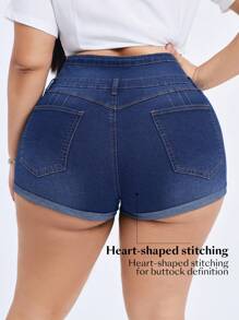 SHEIN EZwear Plus Size Women's Fashionable Denim Stretchy High Waist Design Sexy Folded Hem Shorts - Blue - View 2
