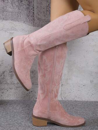 Fall/Winter 2025 Equestrian & Western Style Women's Boots,Ideal With Corset European And American New Embroidered Single Knee-Height Boots Medium Heel Over-The-Knee Boots, Perfect With Sweater, Suitable For Women Outdoor Shoes With Cardigan,Cowboy Boots