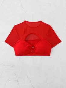 Swim EVENT Ladies' Simple Solid Color Short Sleeve Swimwear Top - Red - View 4