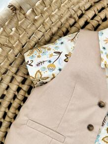 Cozy Pixies Conjunto de 3 piezas para bebé niño que incluye camisa polo de manga corta con estampado floral, chaleco de unicolor y pantalón corto informal - Albaricoque - Ver 4