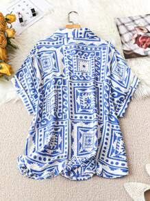 SHEIN LUNE 大码女式波西米亚风复古印花简约休闲衬衫，适合夏季 - 藍色 - 查看 2