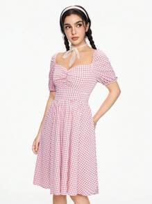ROMWE Kawaii Women's Casual Plaid Sweetheart Collar Cinched Waist Dress, Summer