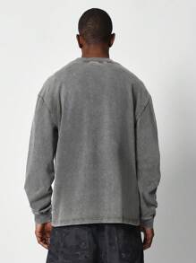 SUMWON 撞色袖子图案印花水洗长袖 T 恤 - 深灰色 - 查看 2