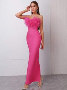 Modphy Sexy Faux Feather Strapless Backless Bodycon Dress, Elegant Formal Gown For Women, Suitable For Evening Party, Wedding, Bridesmaid, Holiday Events - Hot Pink - View 7