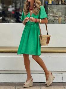 Chiquease Deep V-Neck Tie-Waist Short Vacation Dress - Green - View 3
