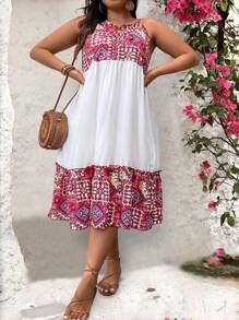 SHEIN LUNE Plus Size Women's Solid Color Printed Splice Simple Daily Dress Maxi Women Outfit - Multicolor - View 5