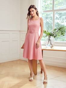 MOTF Classy VÁY DÂY CỔ VUÔNG RẮN THẮT NÚT - Màu Hồng  San hô - Xem 6