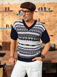 Manfinity Homme Men's Summer Camel Pattern V-Neck Short Sleeve Casual Knit Top - Multicolor - View 11