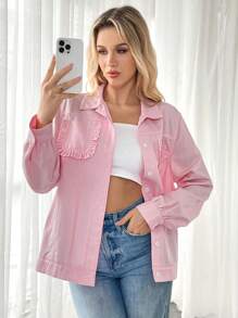 SHEIN Essnce Women's Simple Daily Pink Striped Ruffle Hem Blazer - Pink - View 1
