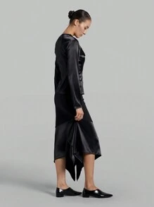 Ontre Women's Patchwork Frill Trim Asymmetrical Collar Long Sleeve Shirt